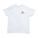White t-shirt with red text on a white background