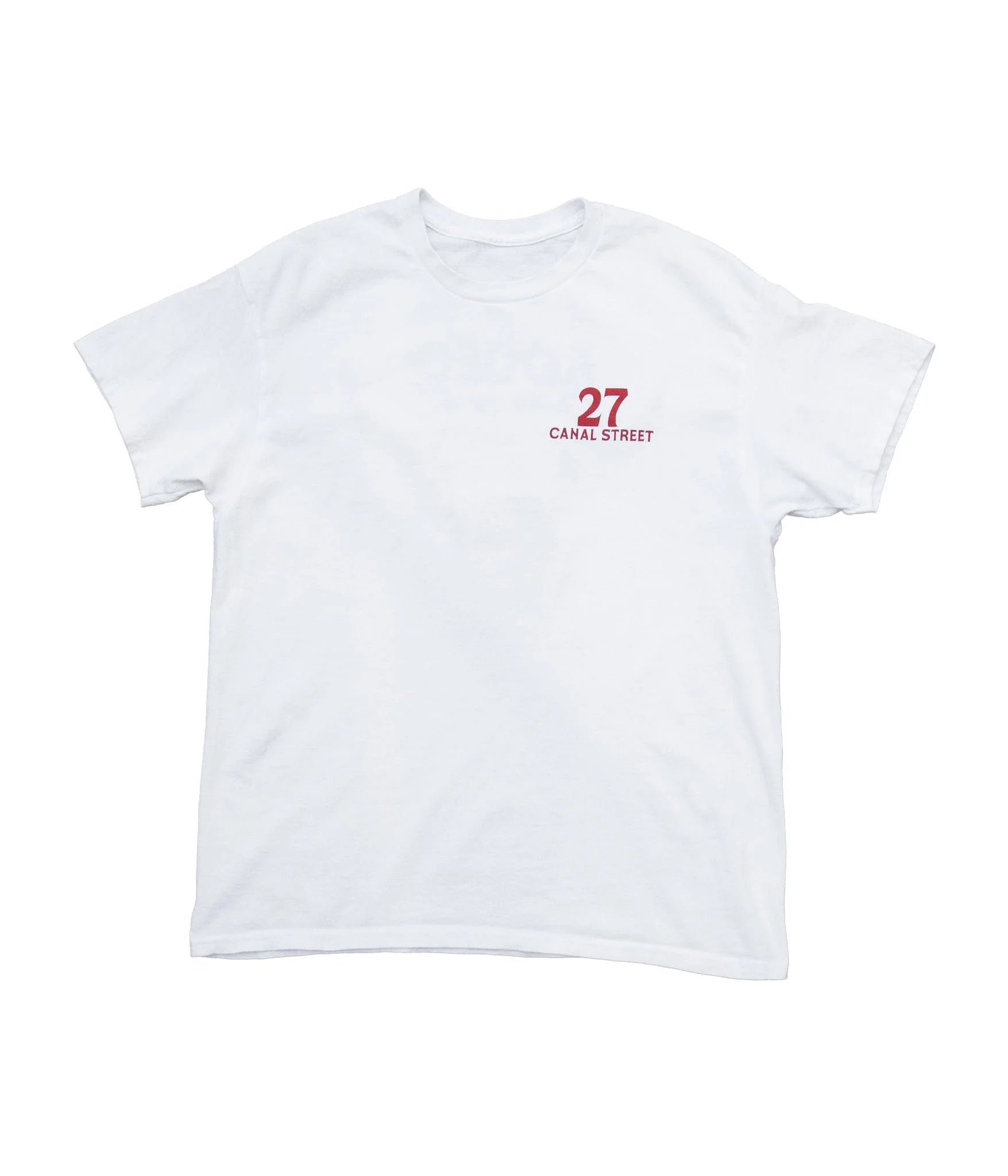 White t-shirt with red text on a white background