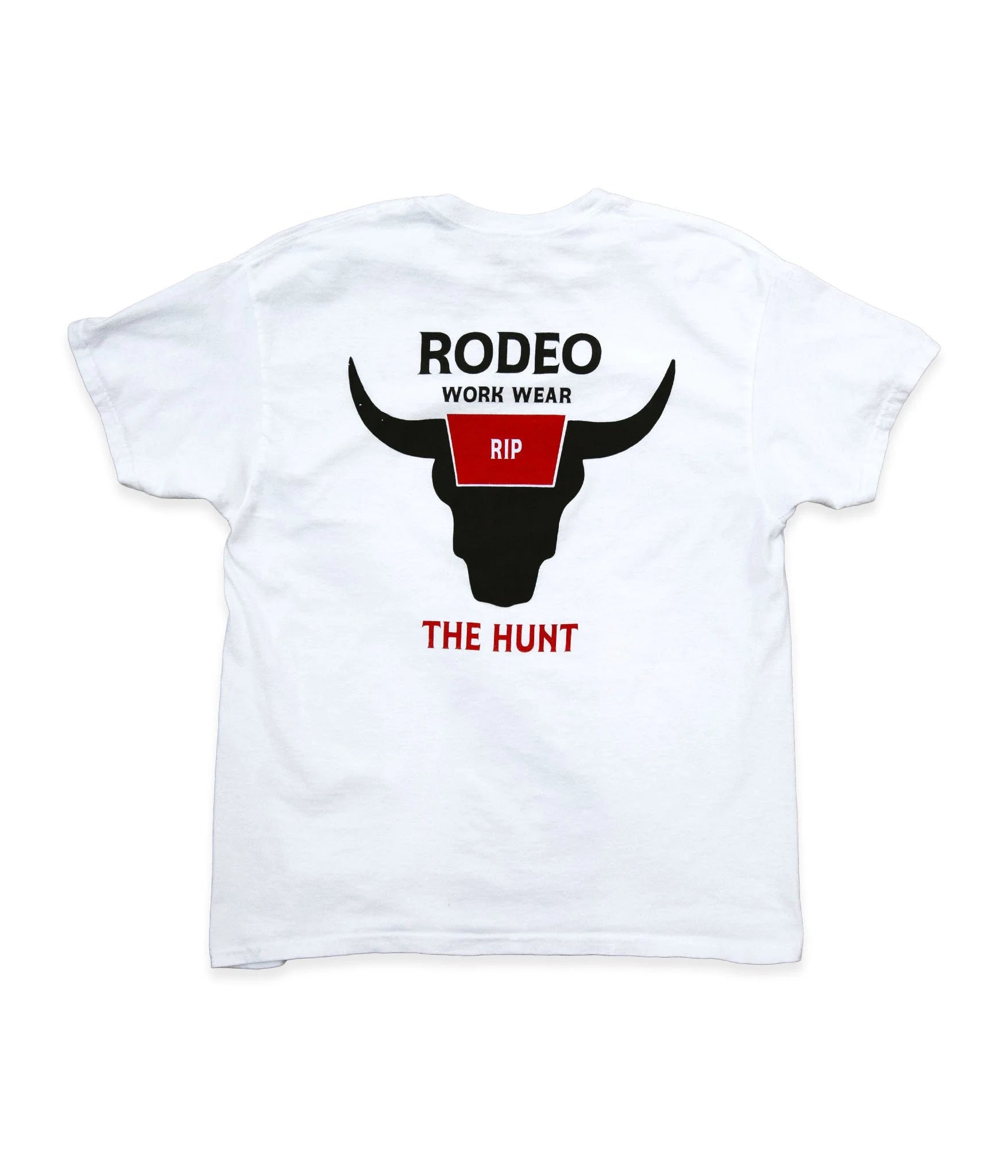 White t-shirt with a bull graphic and text on the back on a white background