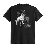 Black t-shirt with graphic design of a person on horseback and text on a white background