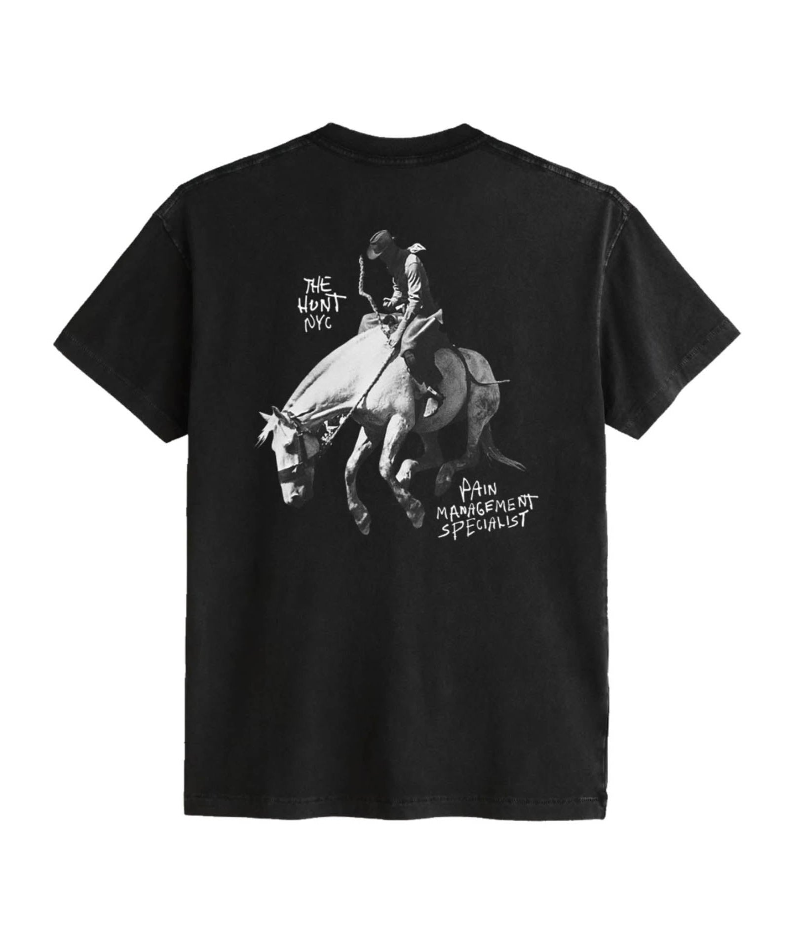 Black t-shirt with graphic design of a person on horseback and text on a white background