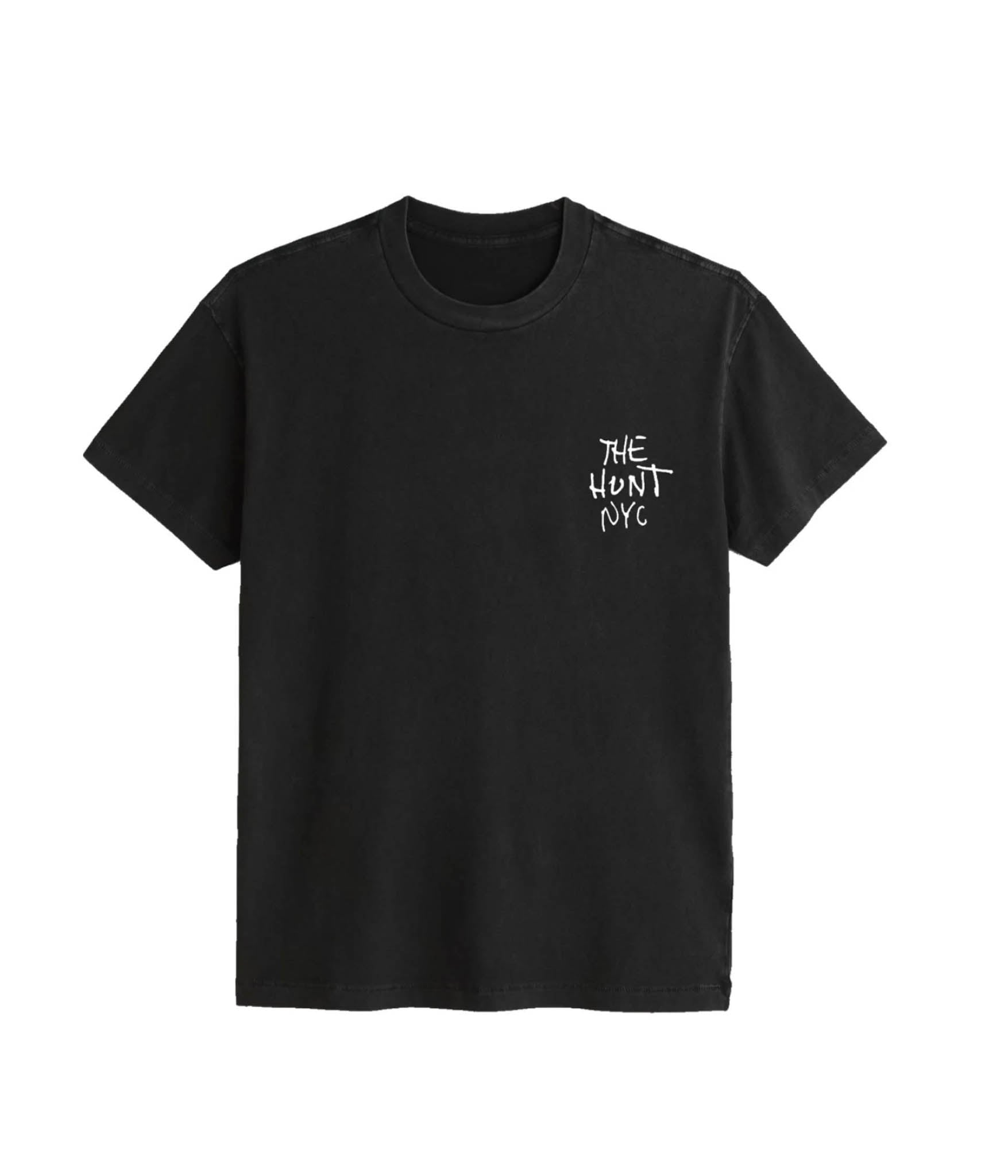 Black t-shirt with 'The Hunt NYC' logo on a white background