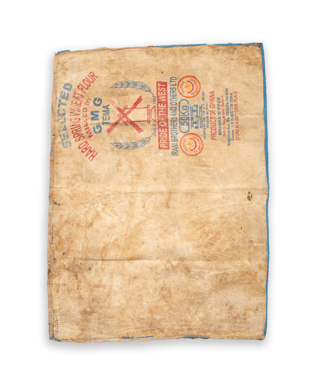 Vintage brown paper with printed text and logos on a white background