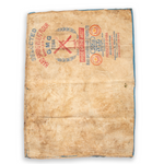 Vintage brown paper with printed text and logos on a white background