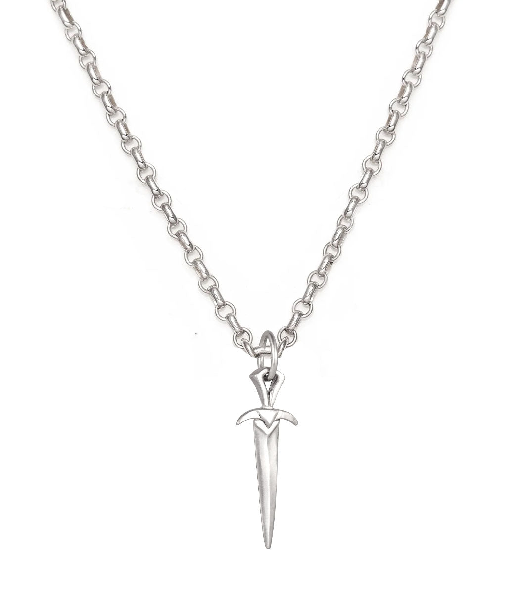 Silver necklace with a unique pendant on a white background