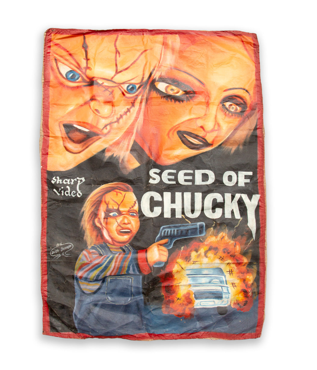 handpainted 'Seed of Chucky' design featuring a character holding a gun and a child.
