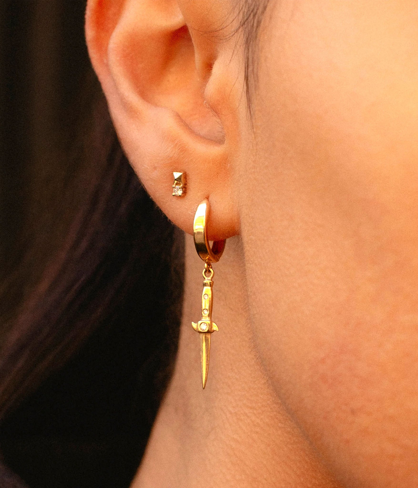 14k solid gold switchblade earrings with diamond accents at The Hunt – handcrafted dagger drop hoops, luxury unisex statement jewelry