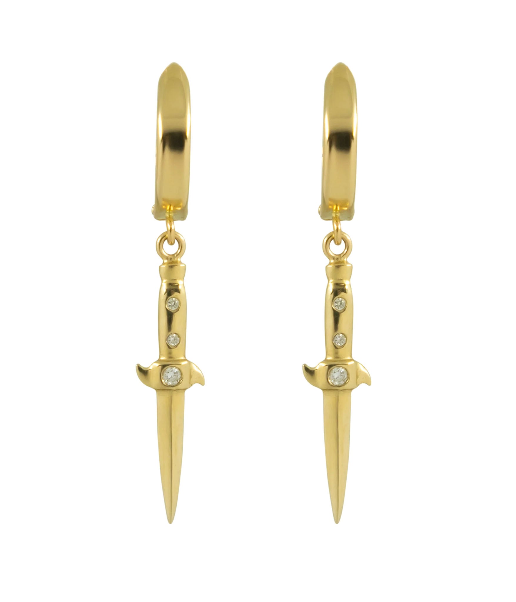 14k solid gold switchblade earrings with diamond accents by The Hunt – handcrafted dagger drop hoops, luxury unisex statement jewelry