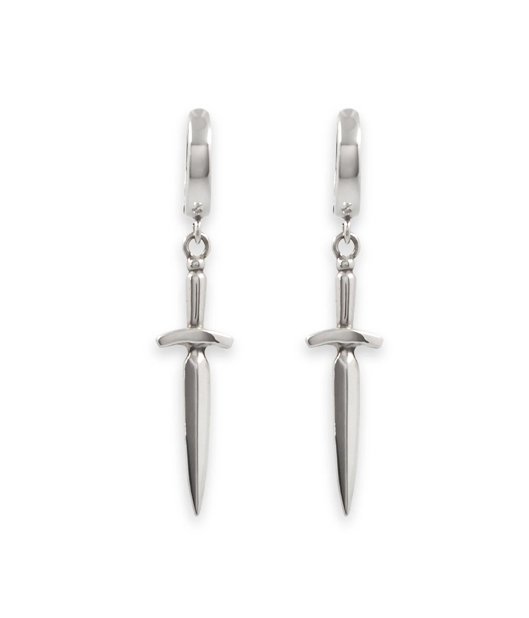 Pair of sterling silver dagger earrings by The Hunt – handcrafted knife-inspired drops with polished finish, unisex statement jewelry