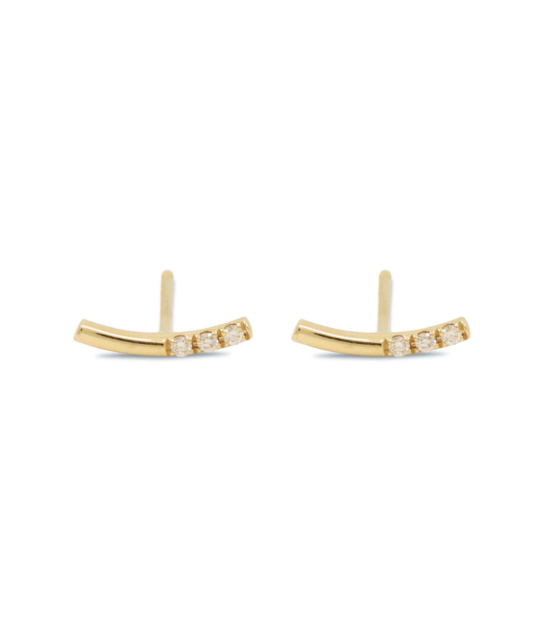 Bar earrings in 14k yellow gold with 3 white diamonds on one side 