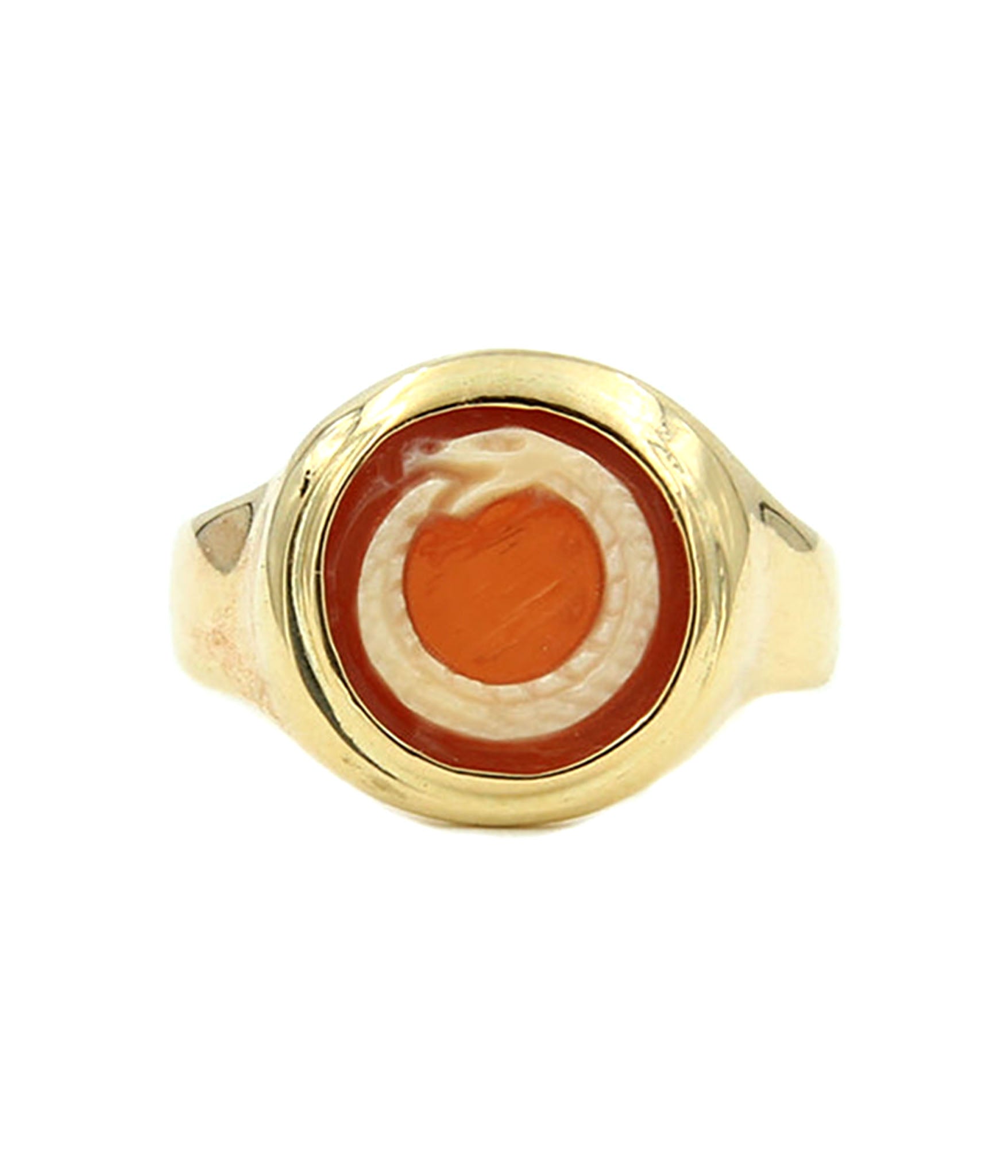 Gold ring with a circular stone on a white background