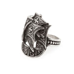 Silver ring with intricate designs on a white background