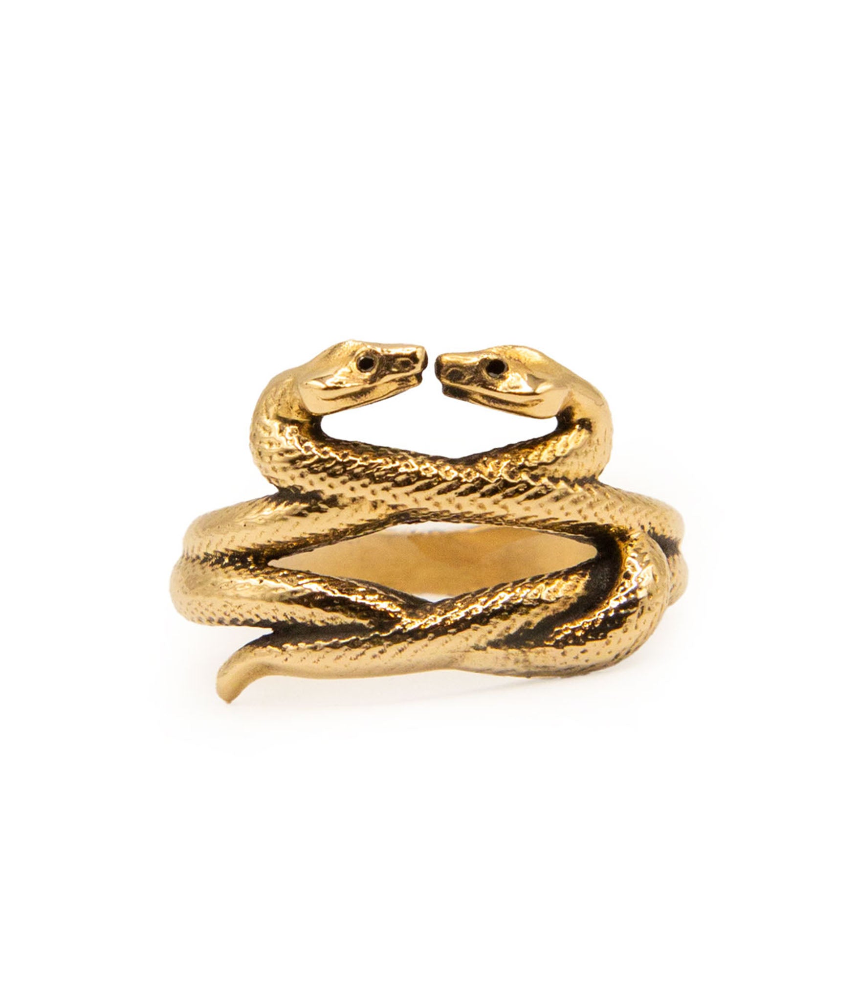 Gold snake-shaped ring on a white background