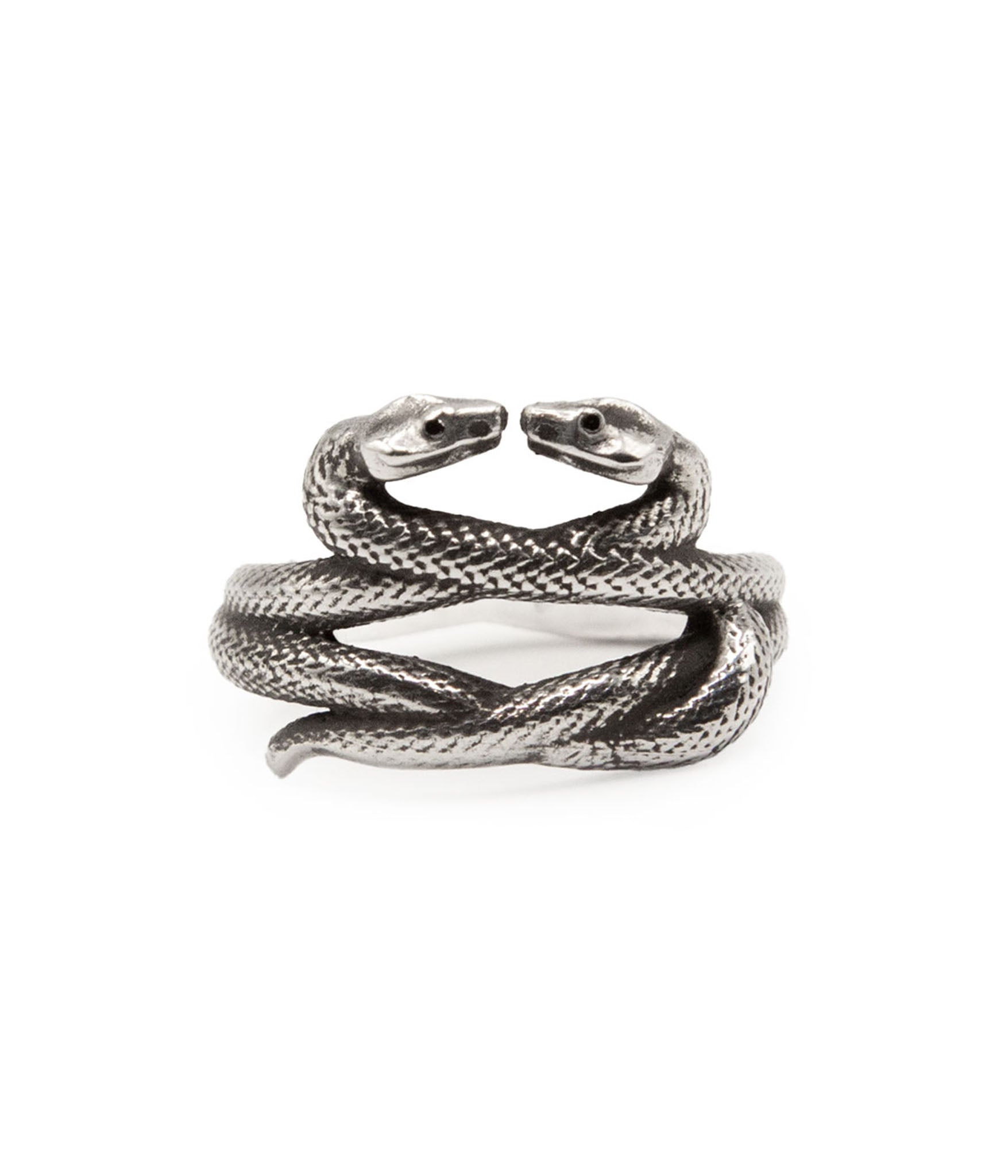 Silver snake-shaped ring on a white background