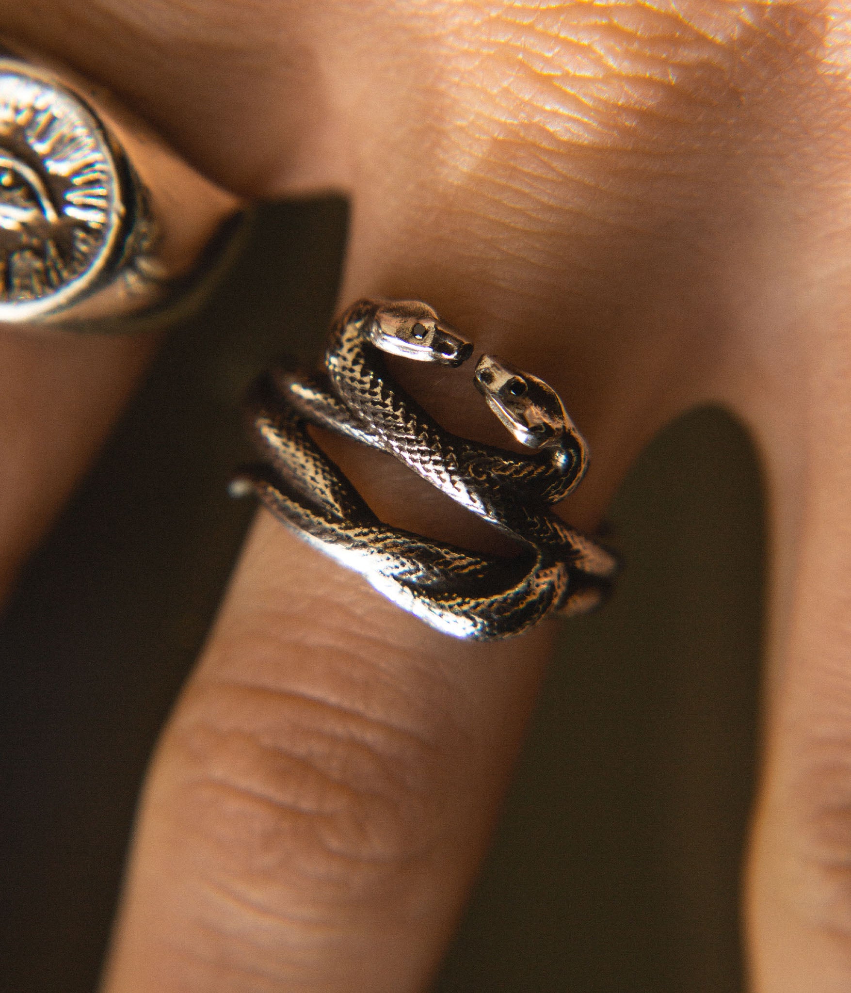 Close-up of a person wearing a silver snake-shaped ring on their finger.