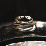 Silver snake-shaped ring on a dark surface