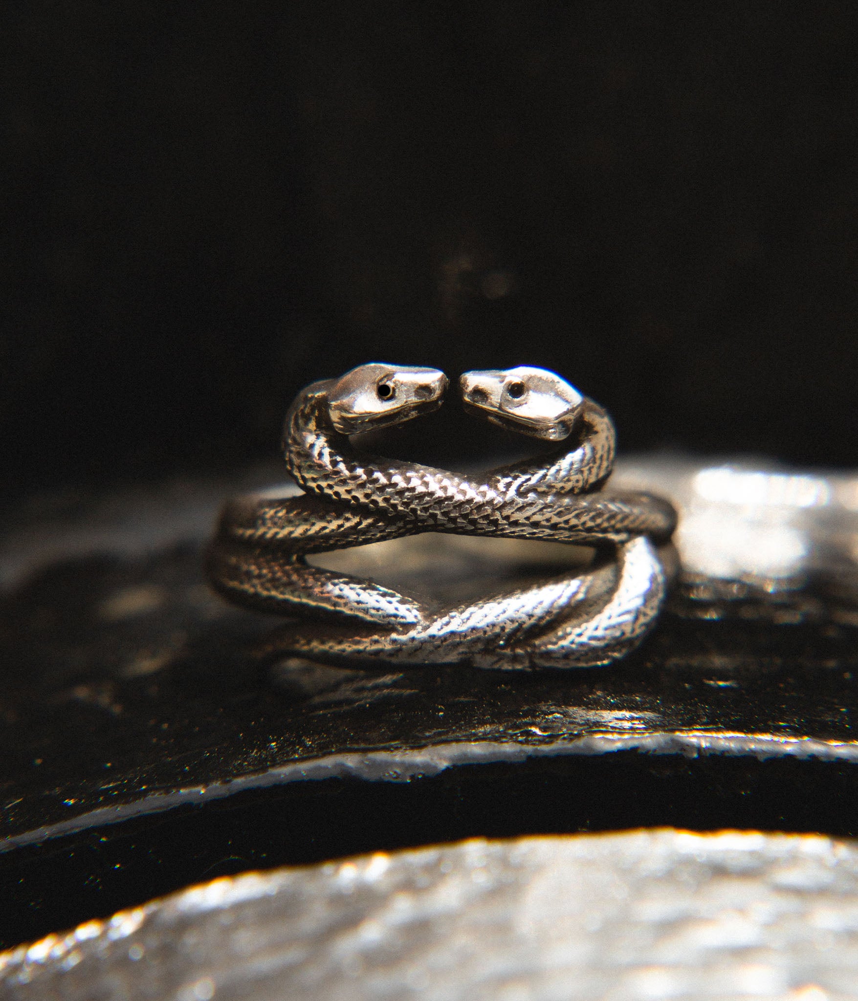 Silver snake-shaped ring on a dark surface
