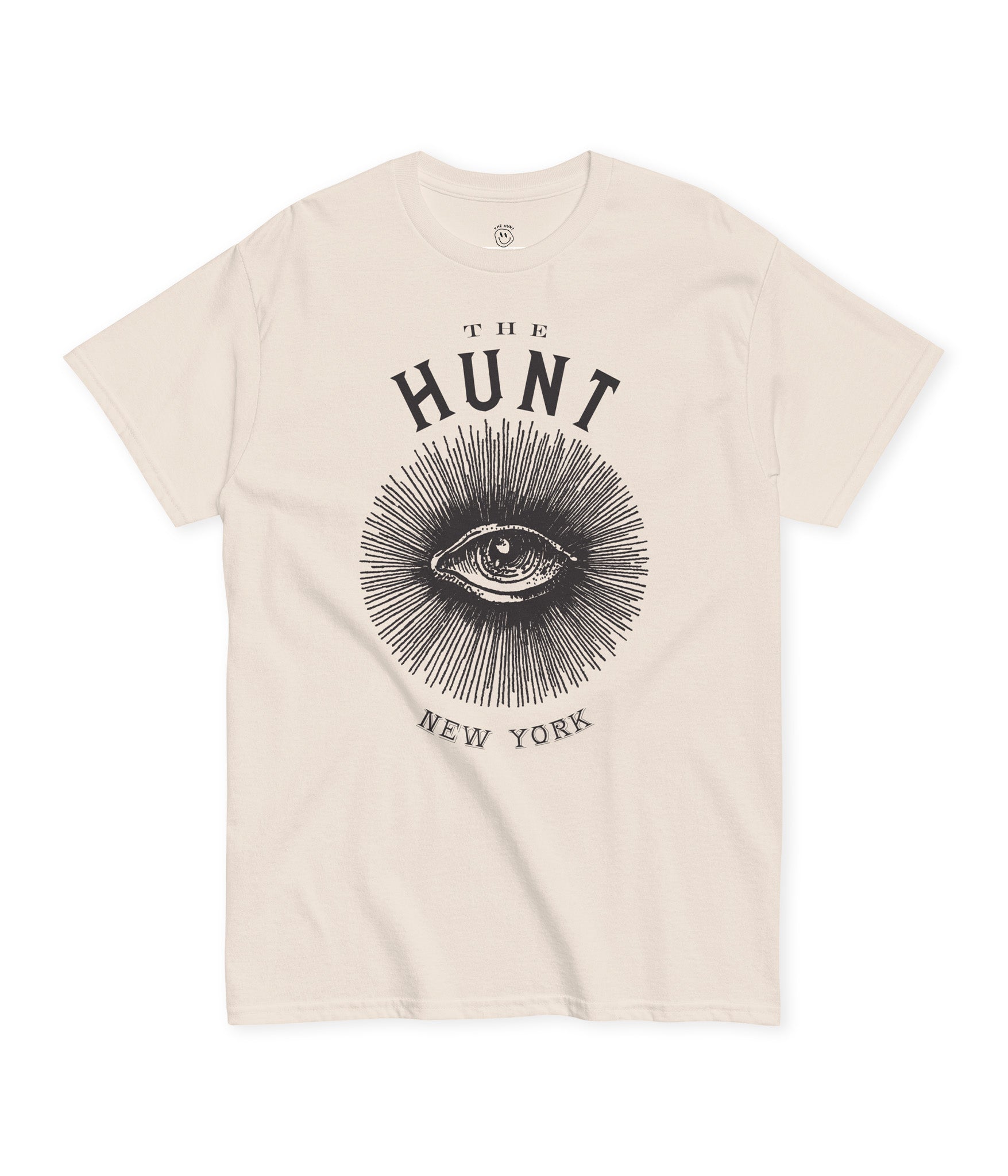 Beige t-shirt with 'The Hunt New York' graphic design on a white background