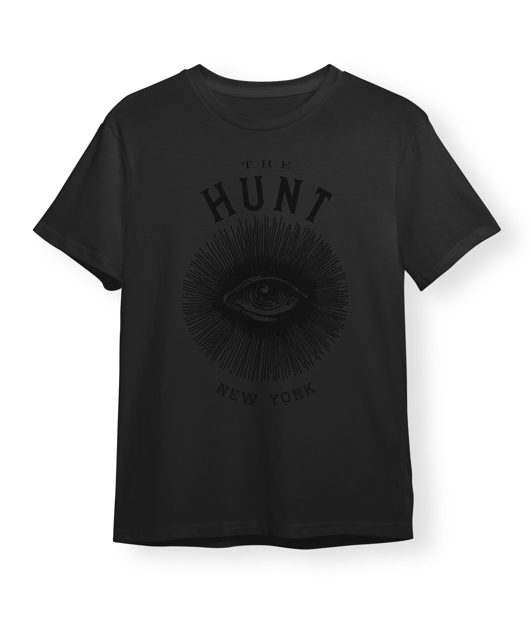 Black t-shirt with 'The Hunt New York' graphic design on a white background