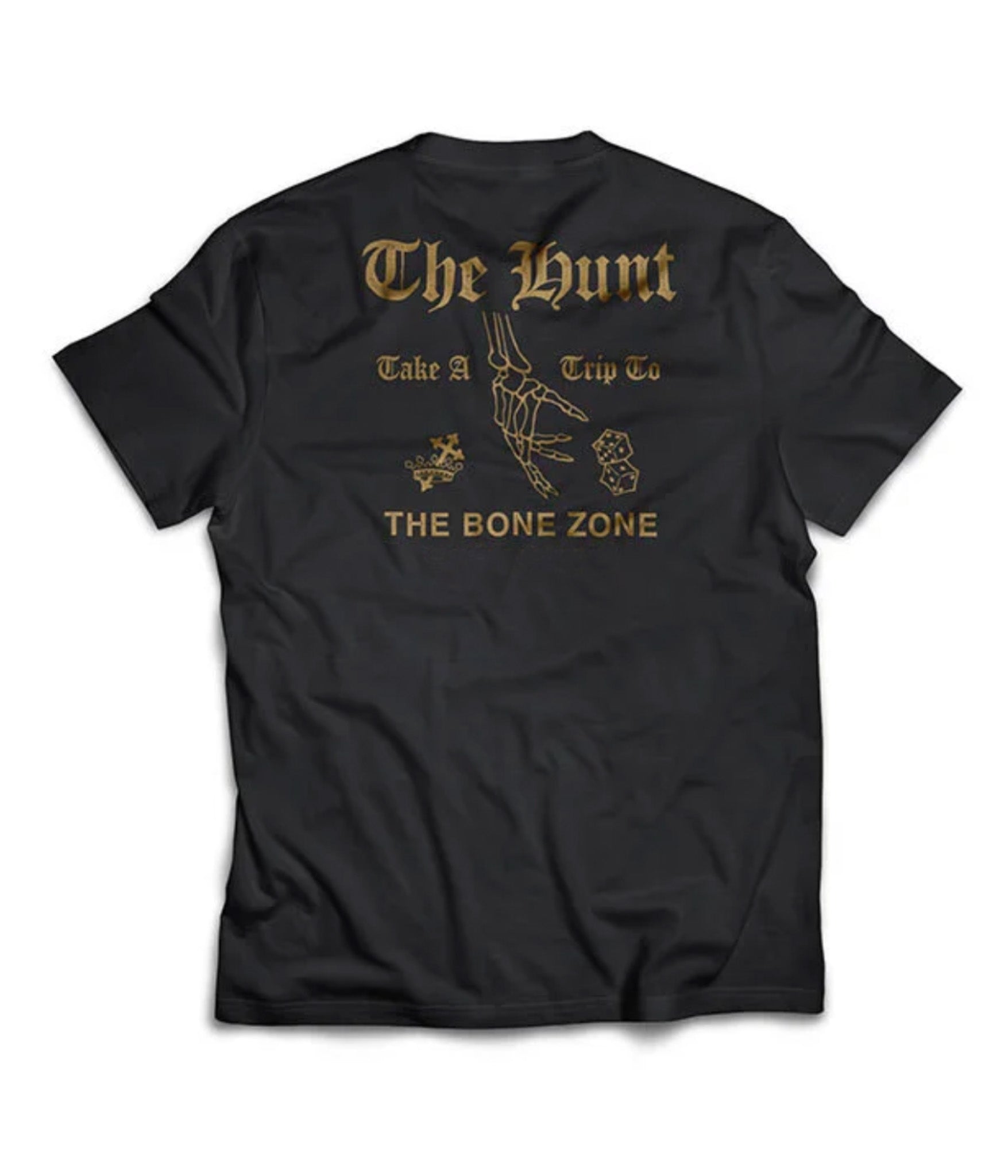 Black t-shirt with gold text and graphics on a white background