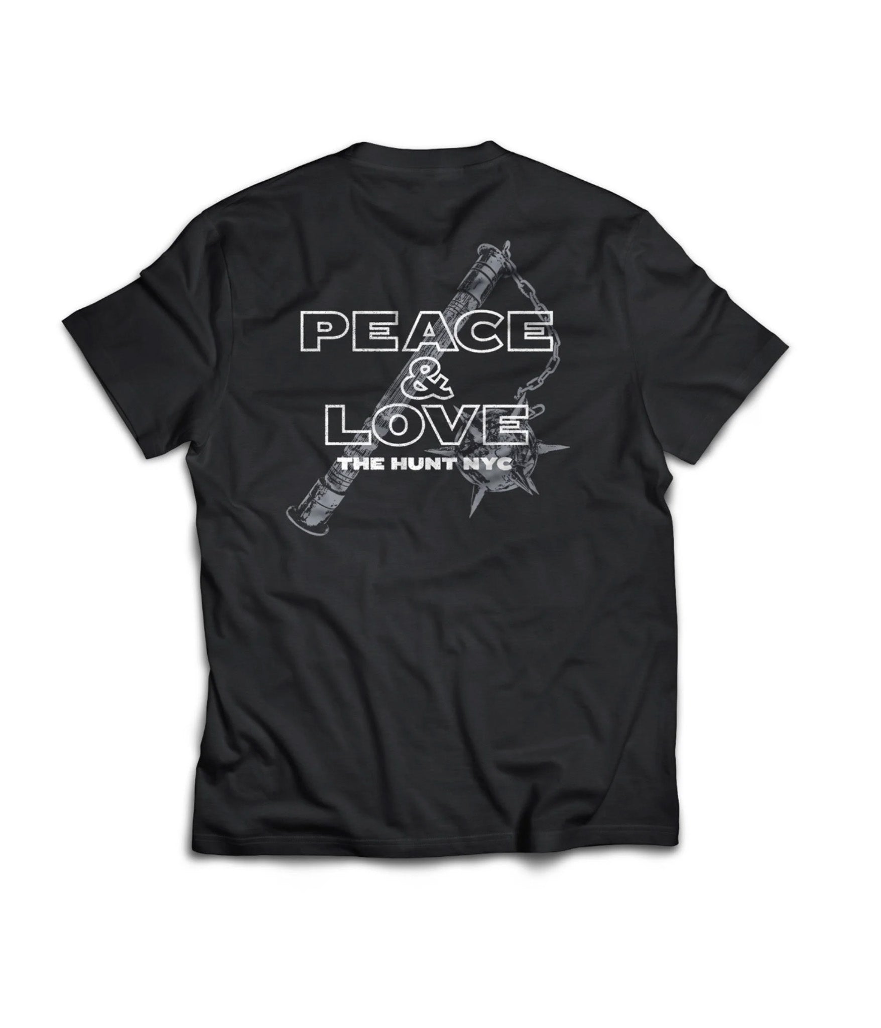 Black t-shirt with 'Peace & Love The Hunt NYC' design on a white background