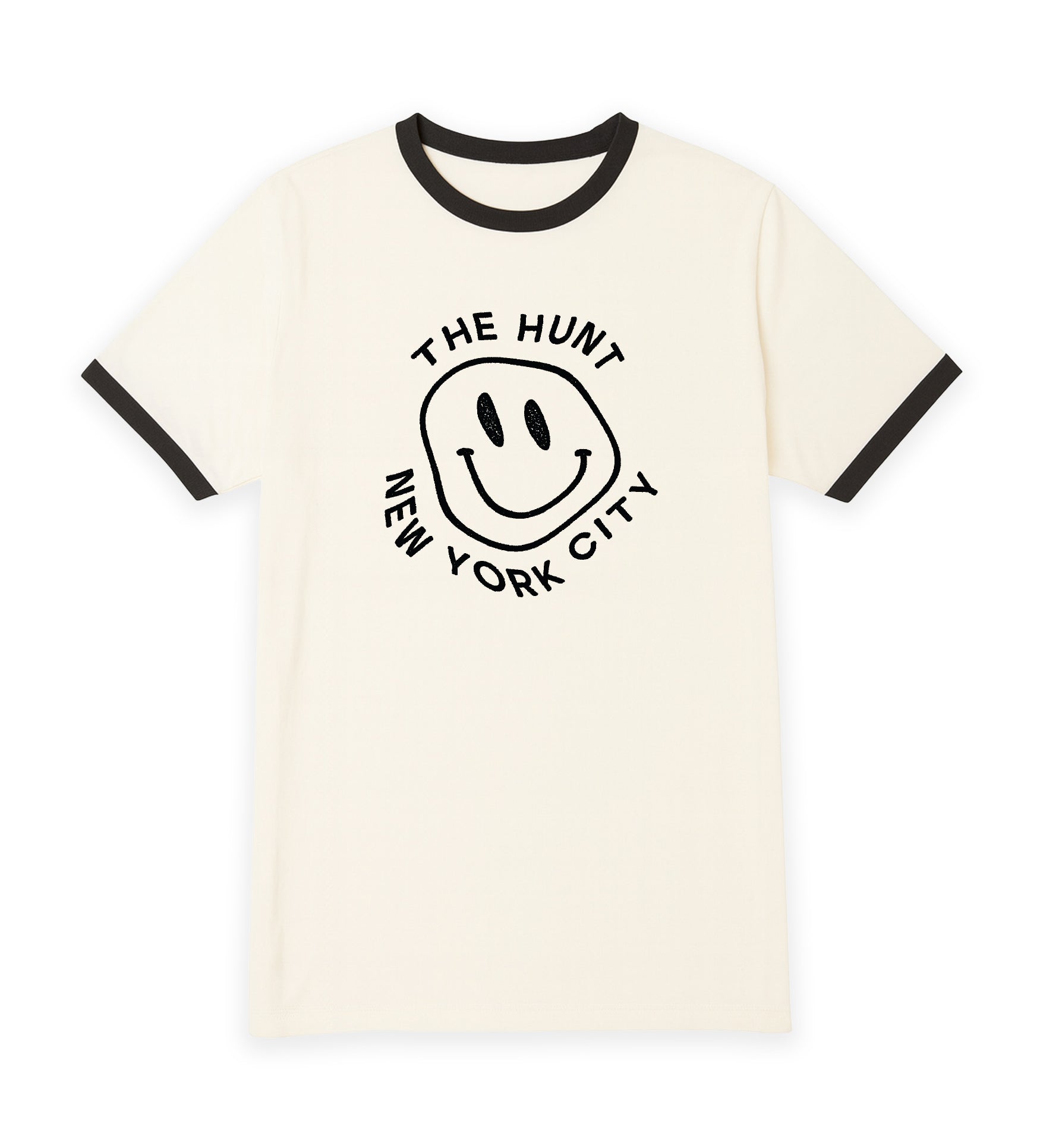 White t-shirt with black ringer design featuring a smiley face and text on a white background