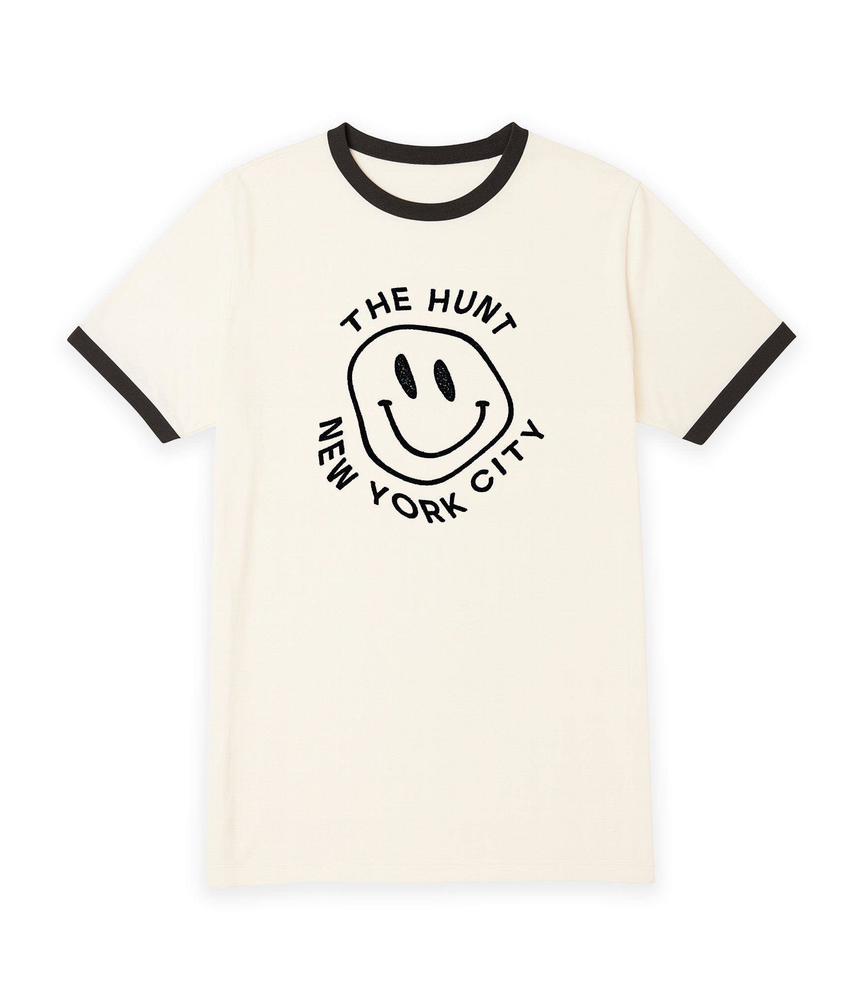 White t-shirt with black ringer design featuring a smiley face and text on a white background