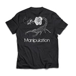 Black t-shirt with a scorpion and flower design and the word 'Manipulation' on a white background