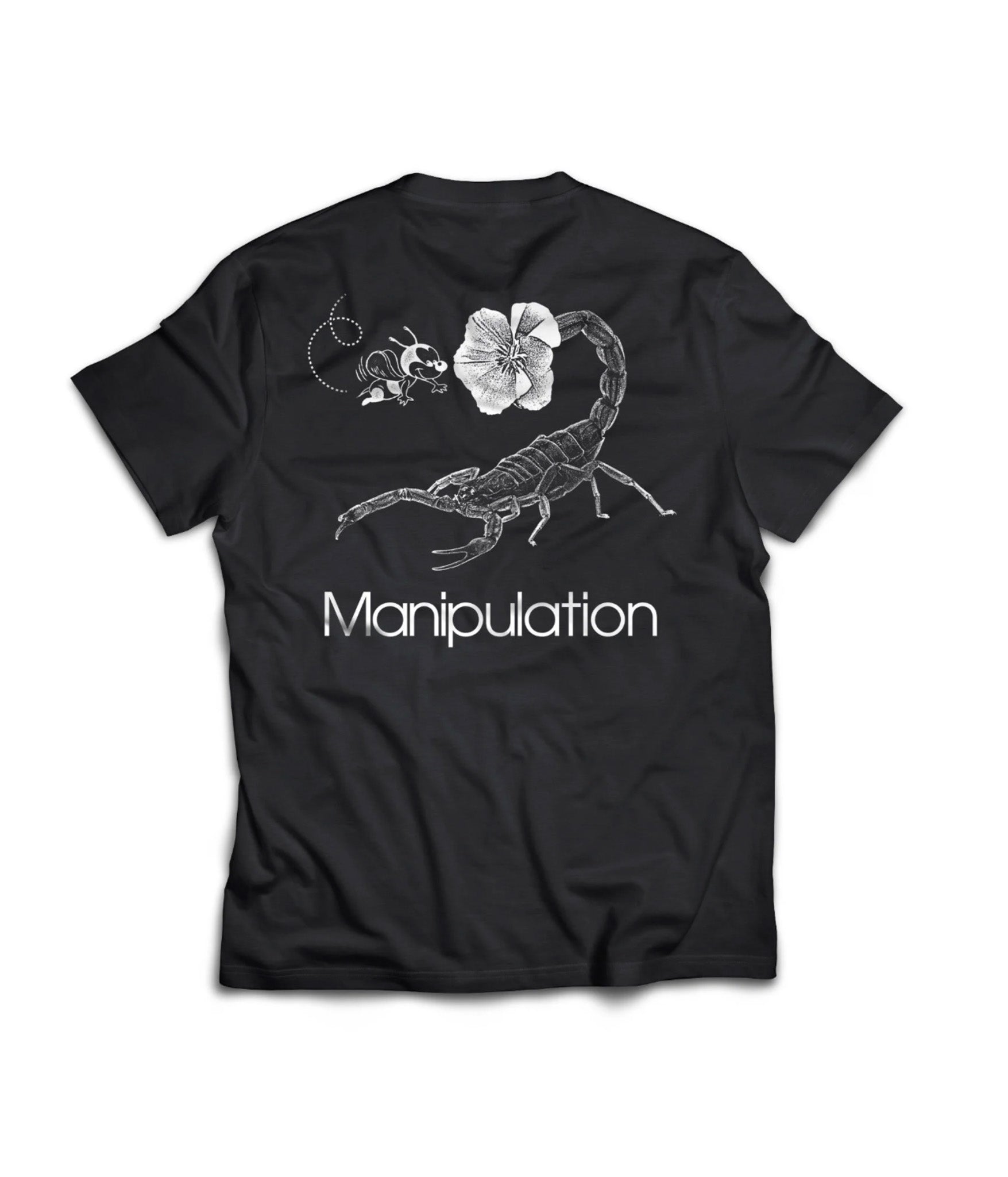 Black t-shirt with a scorpion and flower design and the word 'Manipulation' on a white background