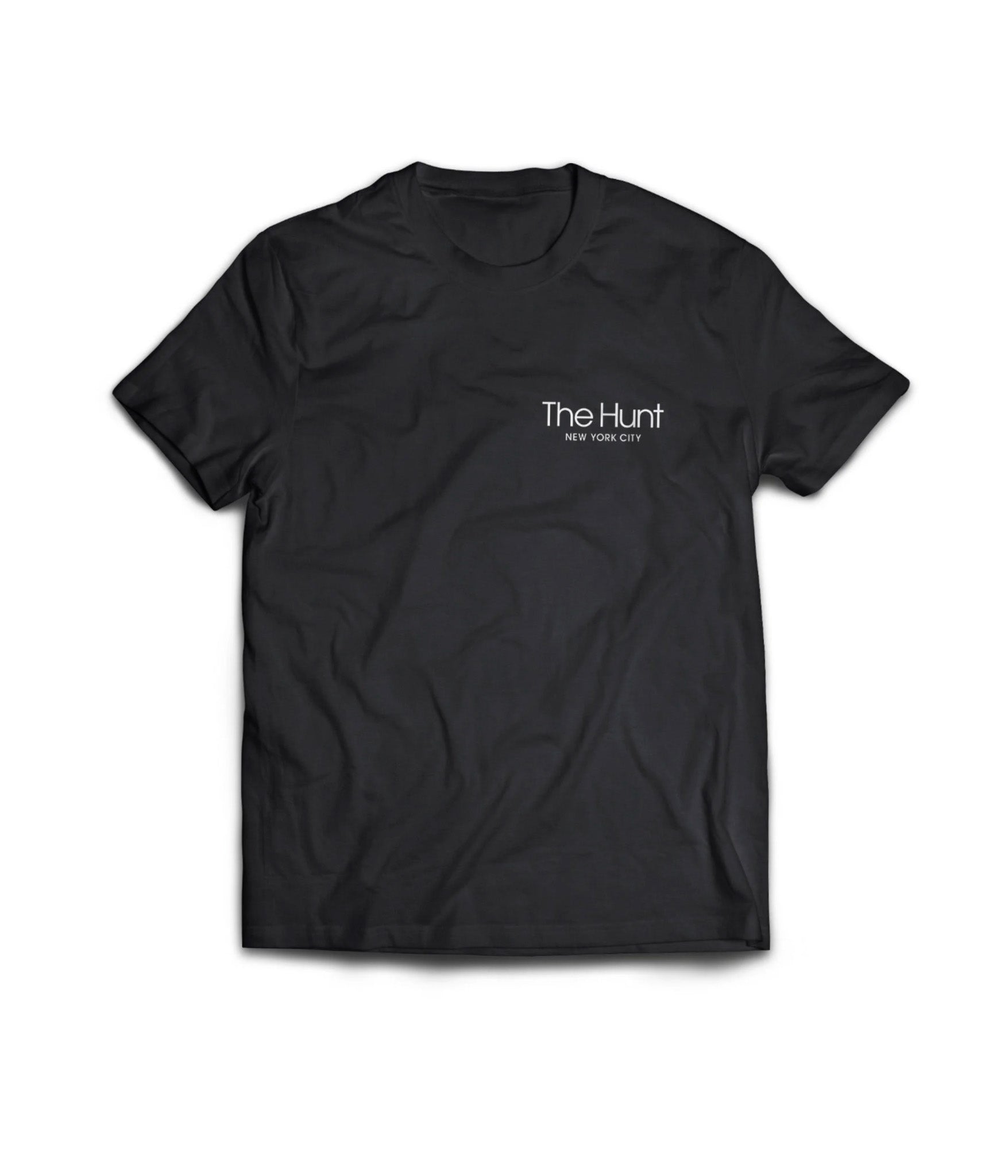 Black t-shirt with 'The Hunt New York City' text on a white background