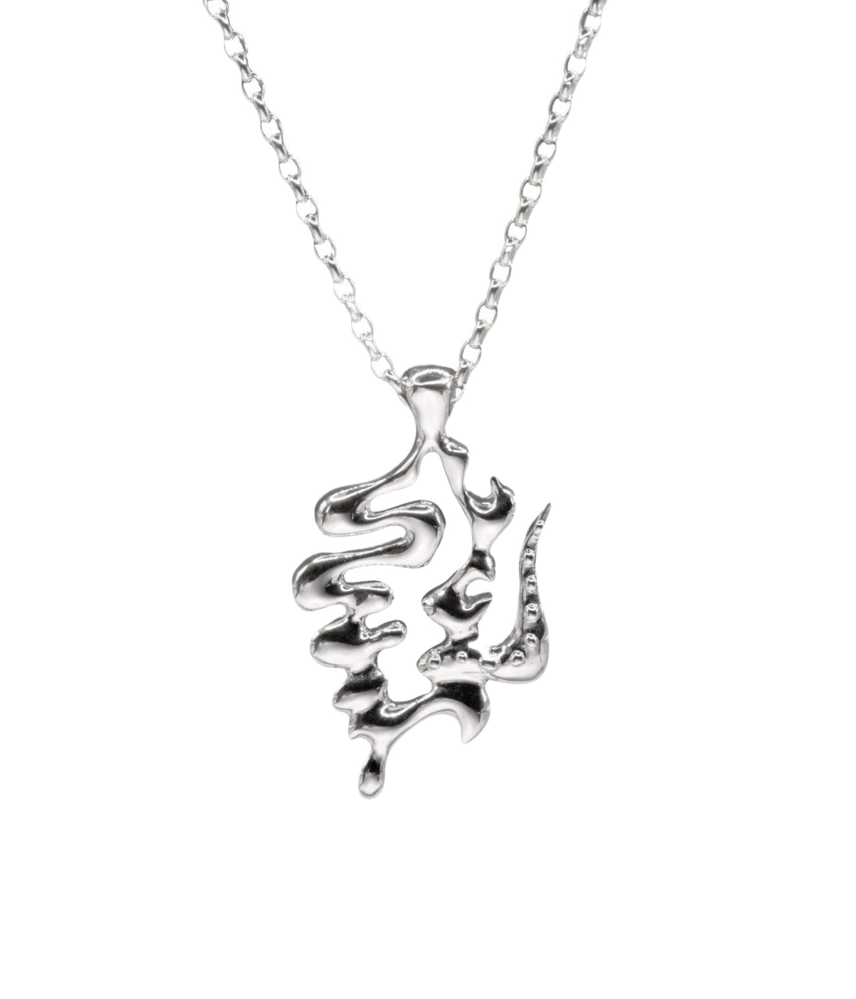 Silver necklace with a unique pendant on a white background