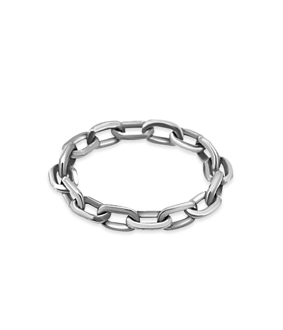 Silver chain-style ring on a white background