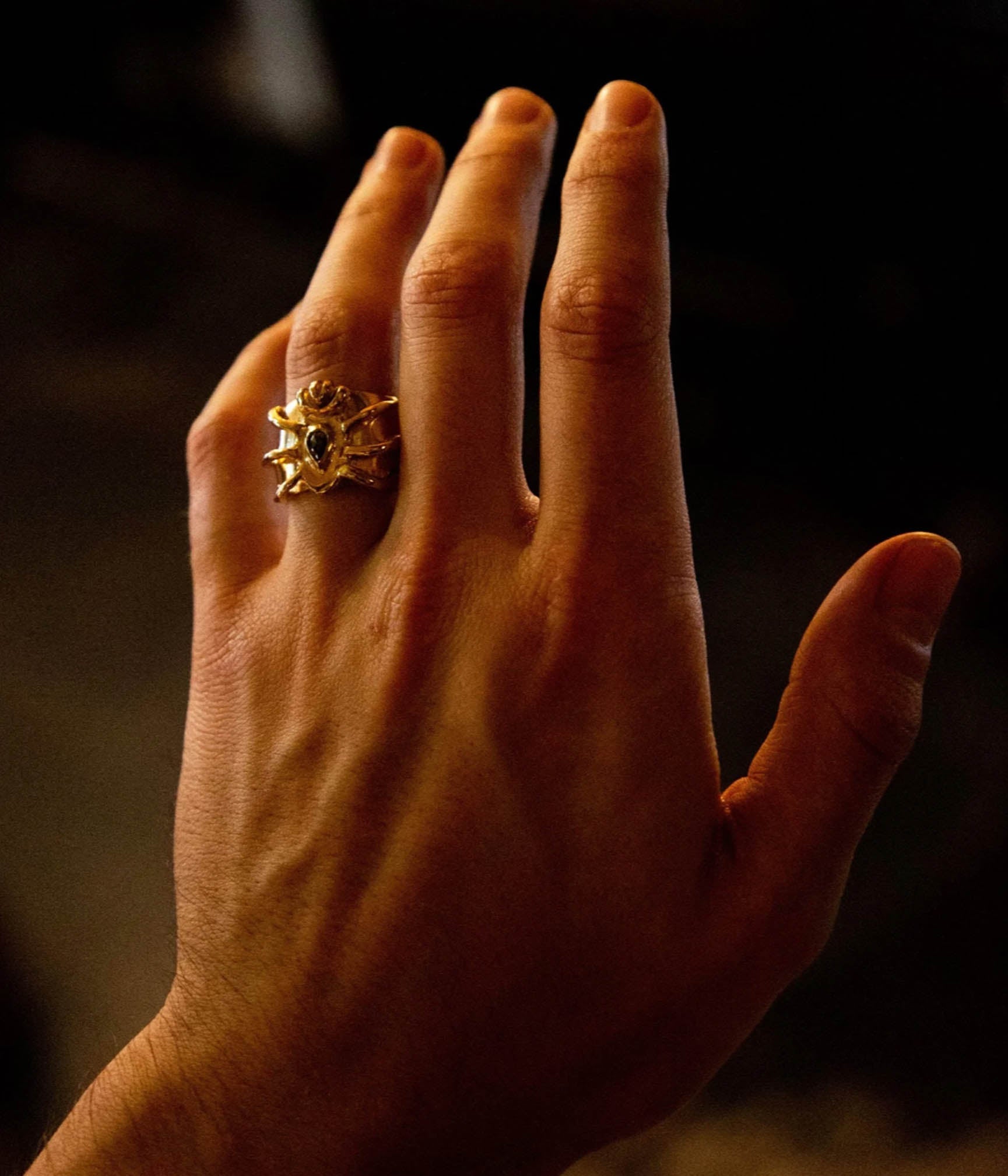 Hand wearing a gold ring with gemstones against a dark background