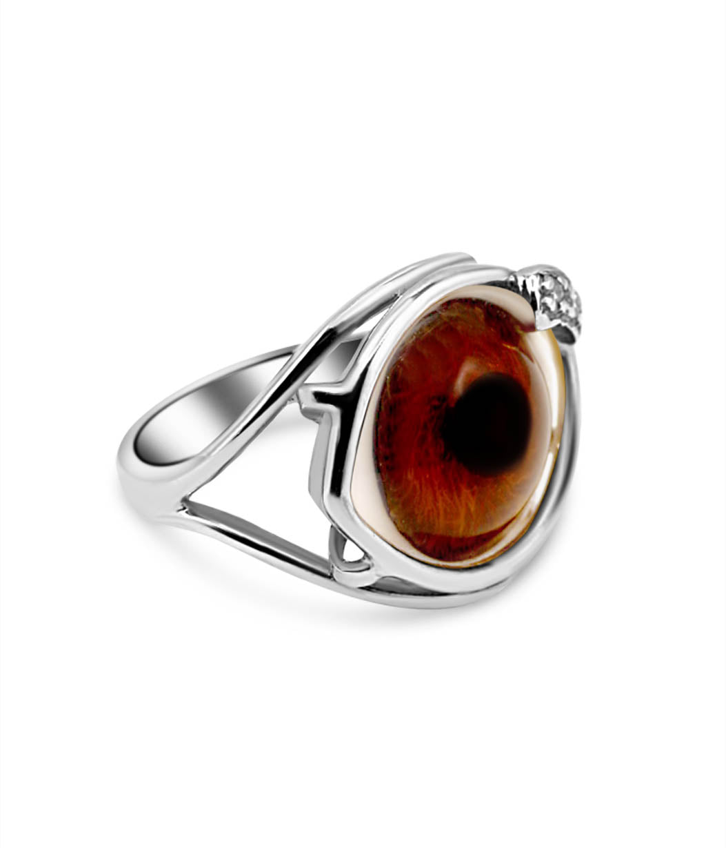 Silver ring with a large brown gemstone on a white background