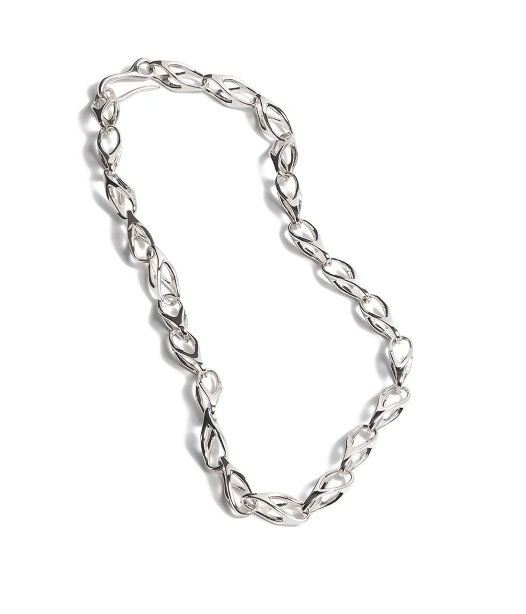 Silver chain necklace on a white background