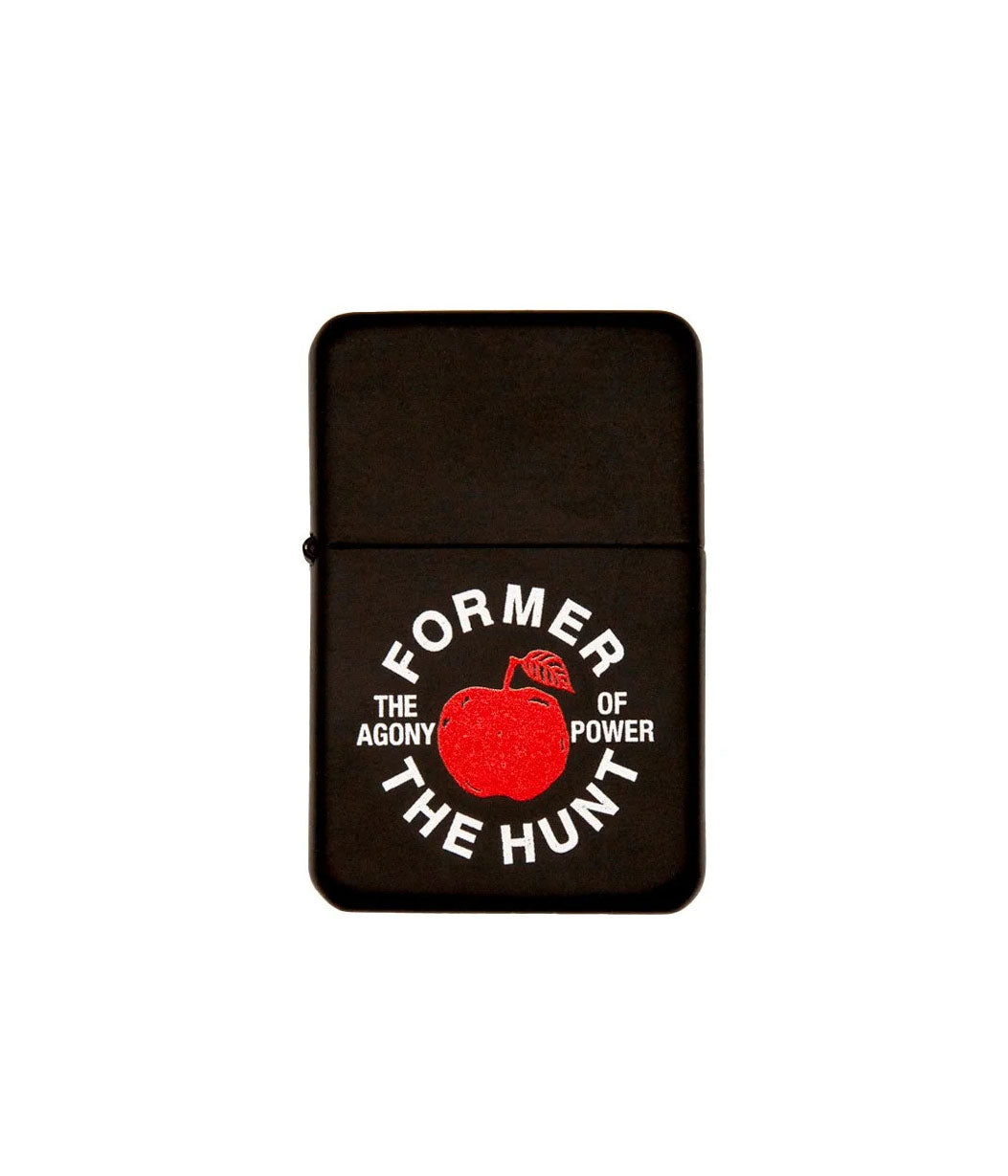 Black lighter with red apple graphic and white text on a white background