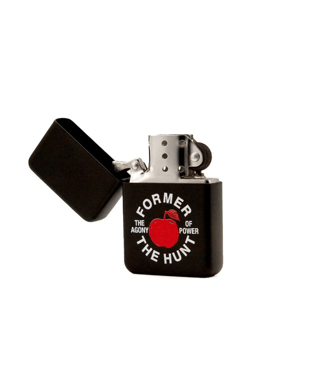 Black lighter with red apple graphic and text on a white background