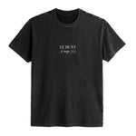 Black t-shirt with 'LE HUNT' logo on a white background