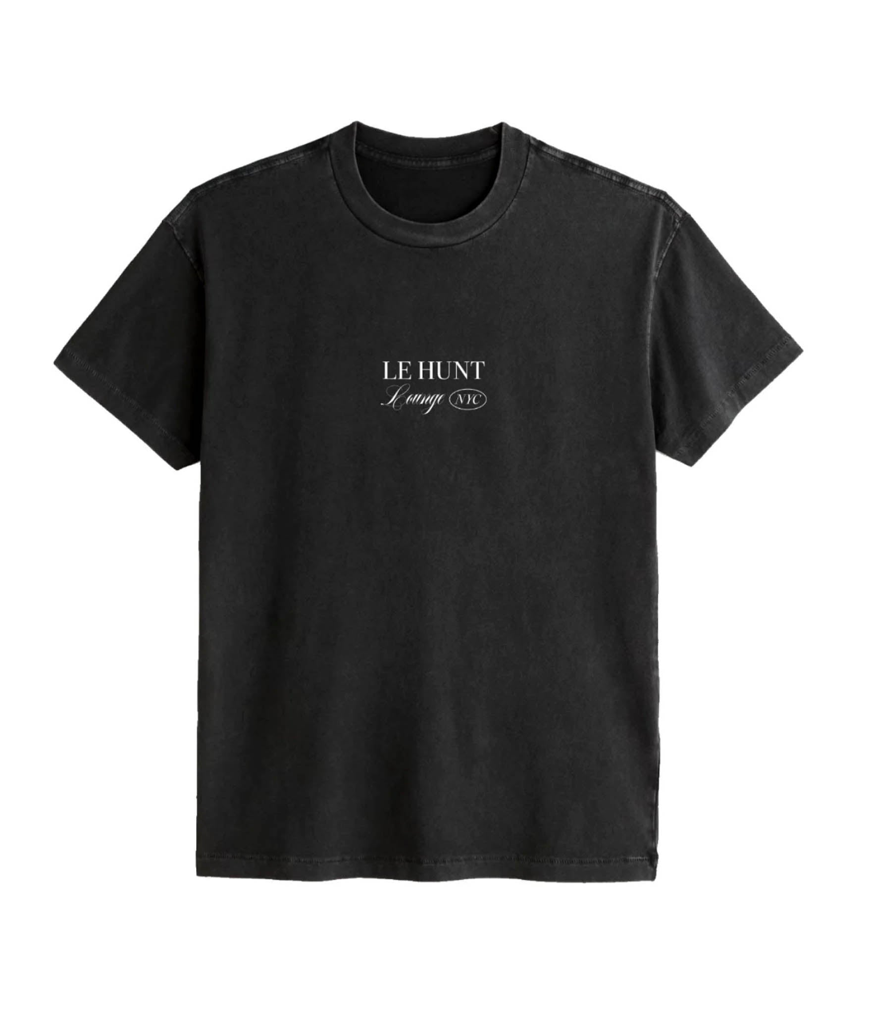 Black t-shirt with 'LE HUNT' logo on a white background