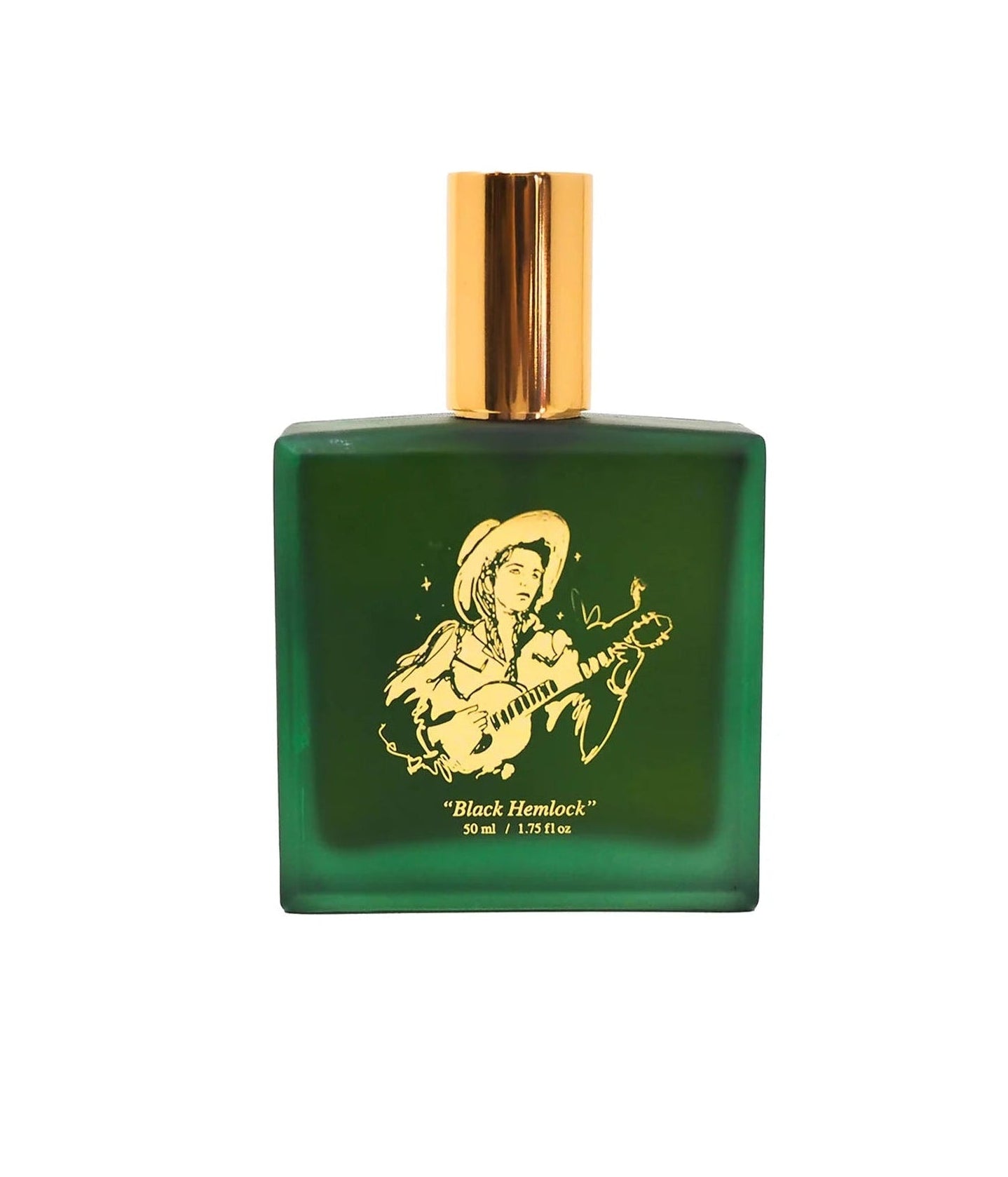 Green perfume bottle with gold cap on a white background