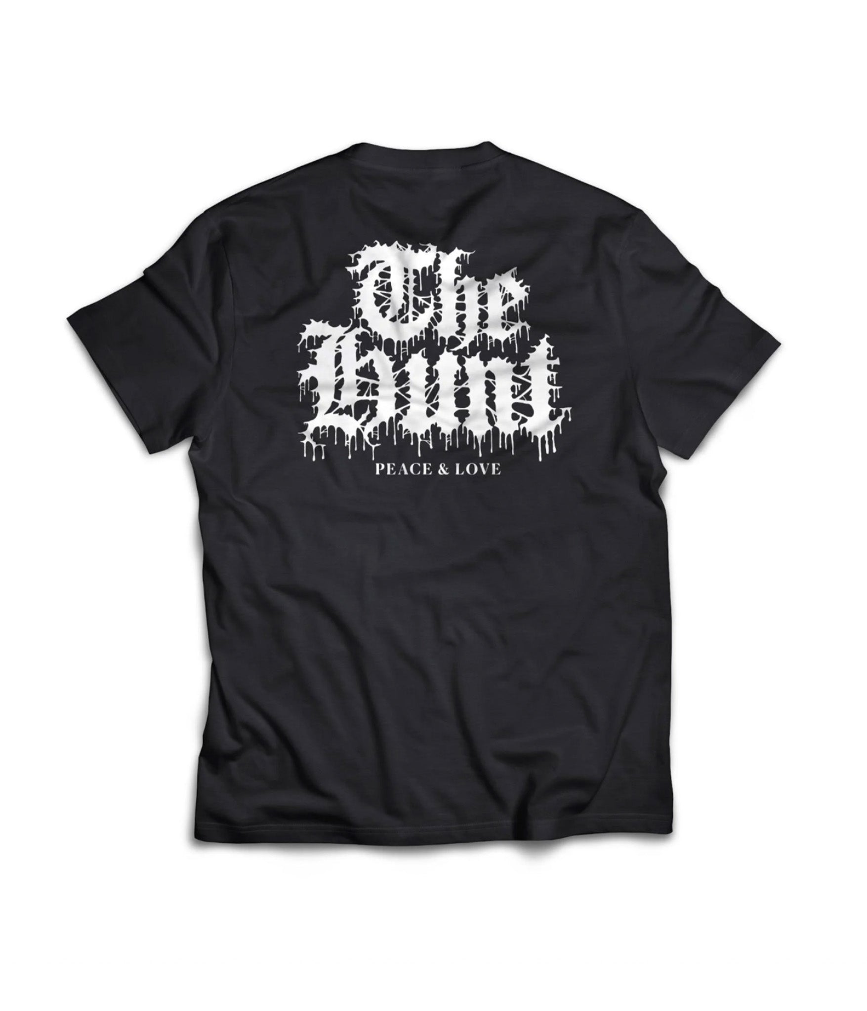 Black t-shirt with white text on a white background