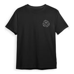 Black t-shirt with a smiley face design on a white background