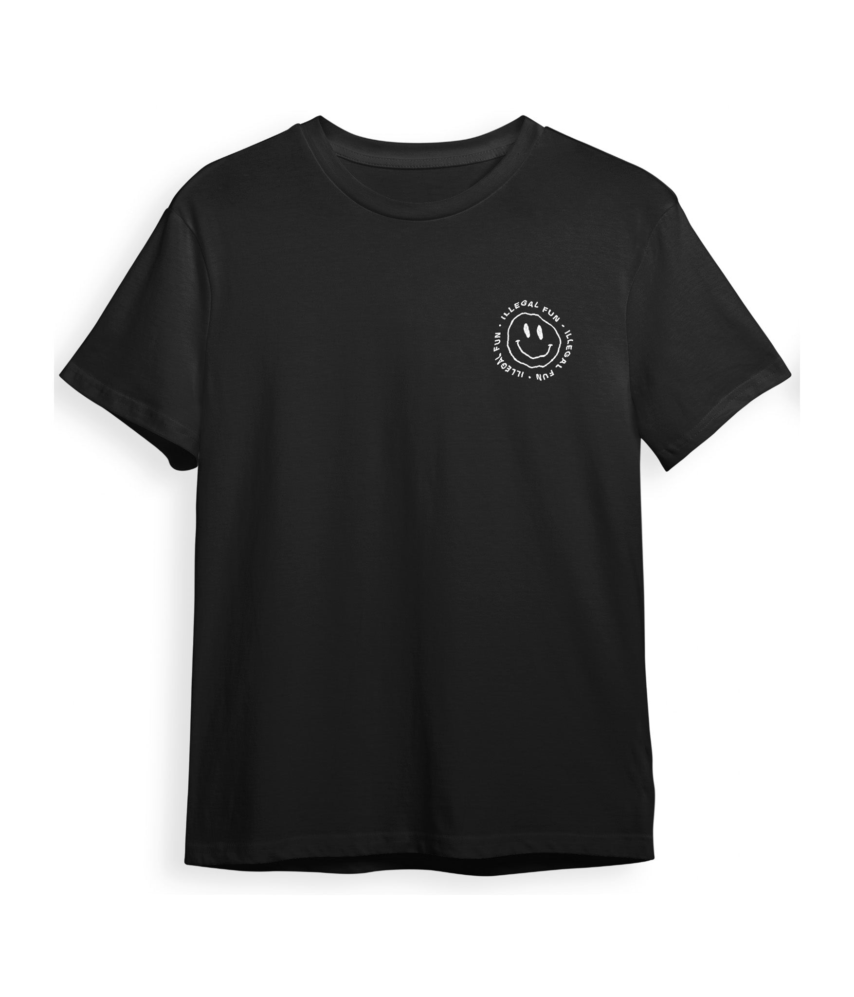 Black t-shirt with a smiley face design on a white background