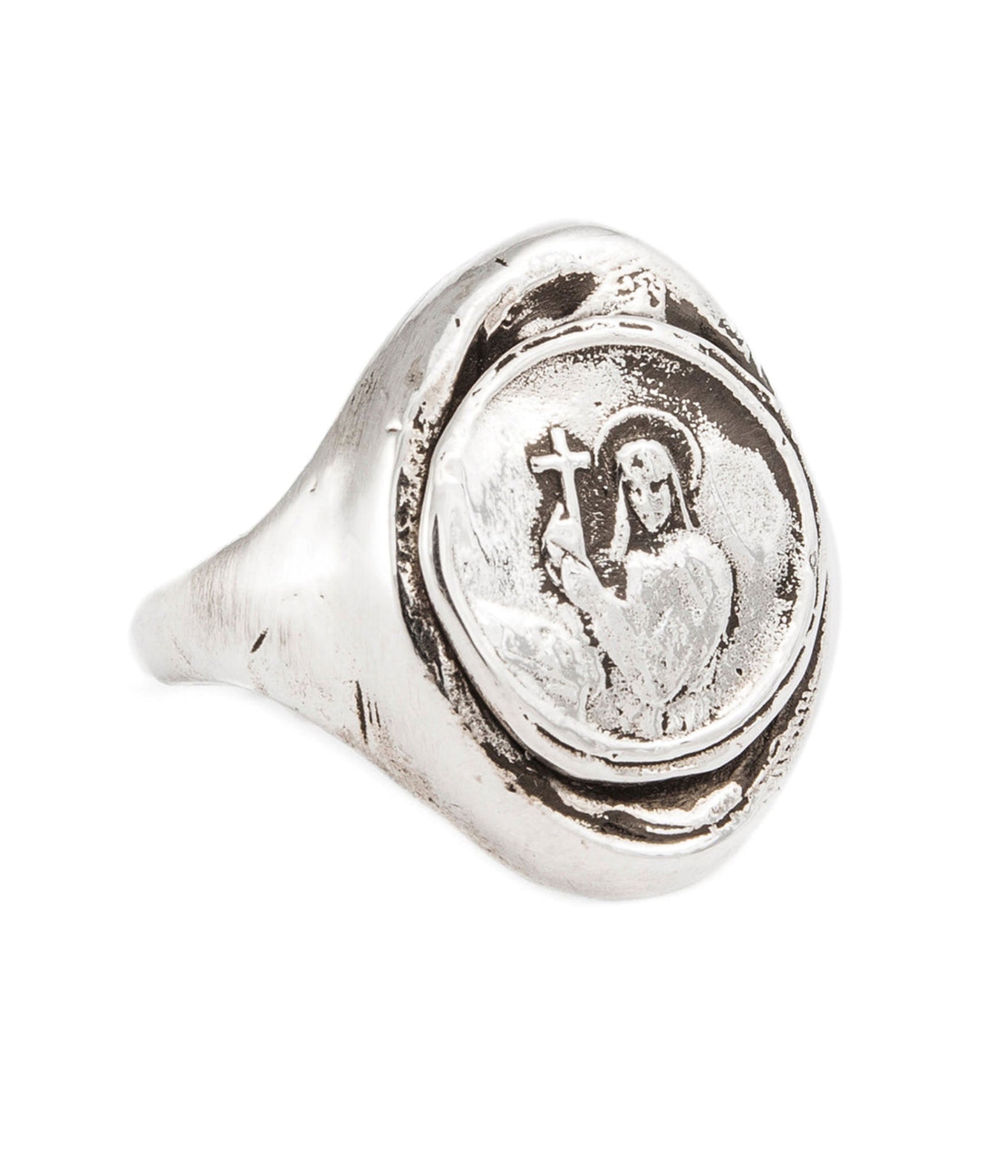 Silver ring with a religious design on a white background