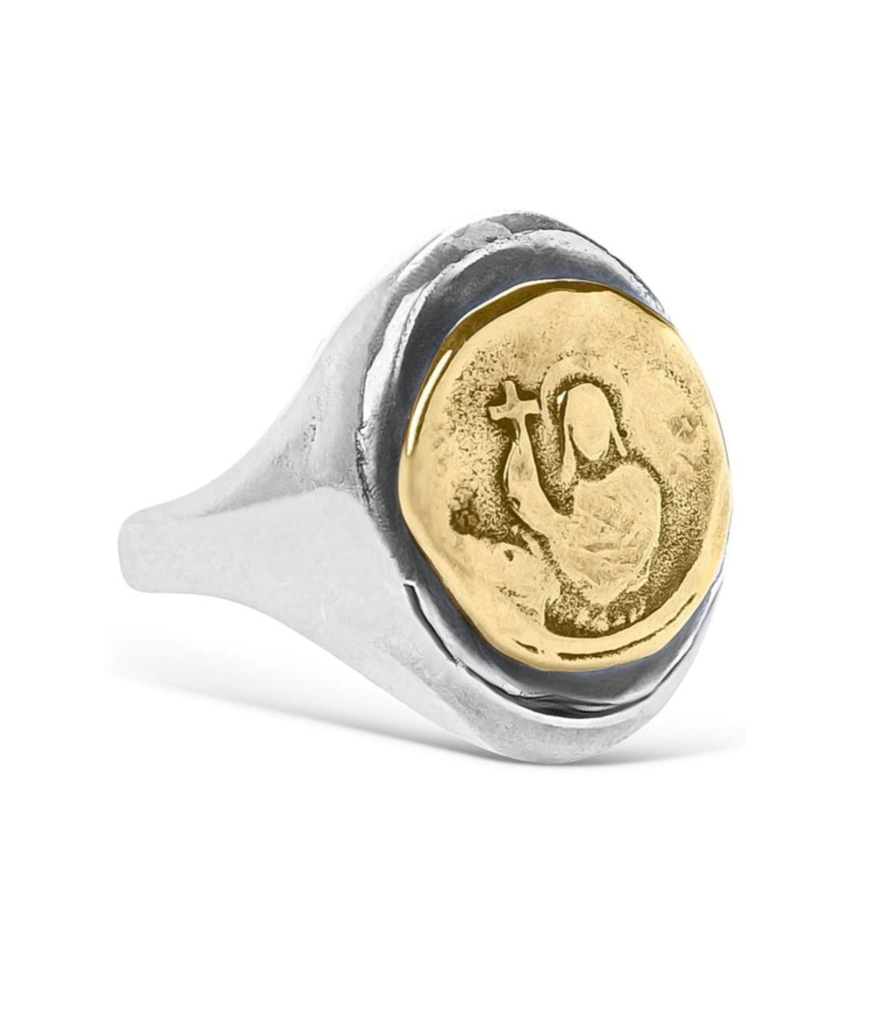 Silver ring with a gold coin featuring an angel design on a white background
