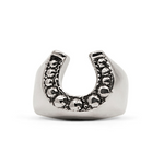 Silver horseshoe-shaped ring with embedded stones on a white background