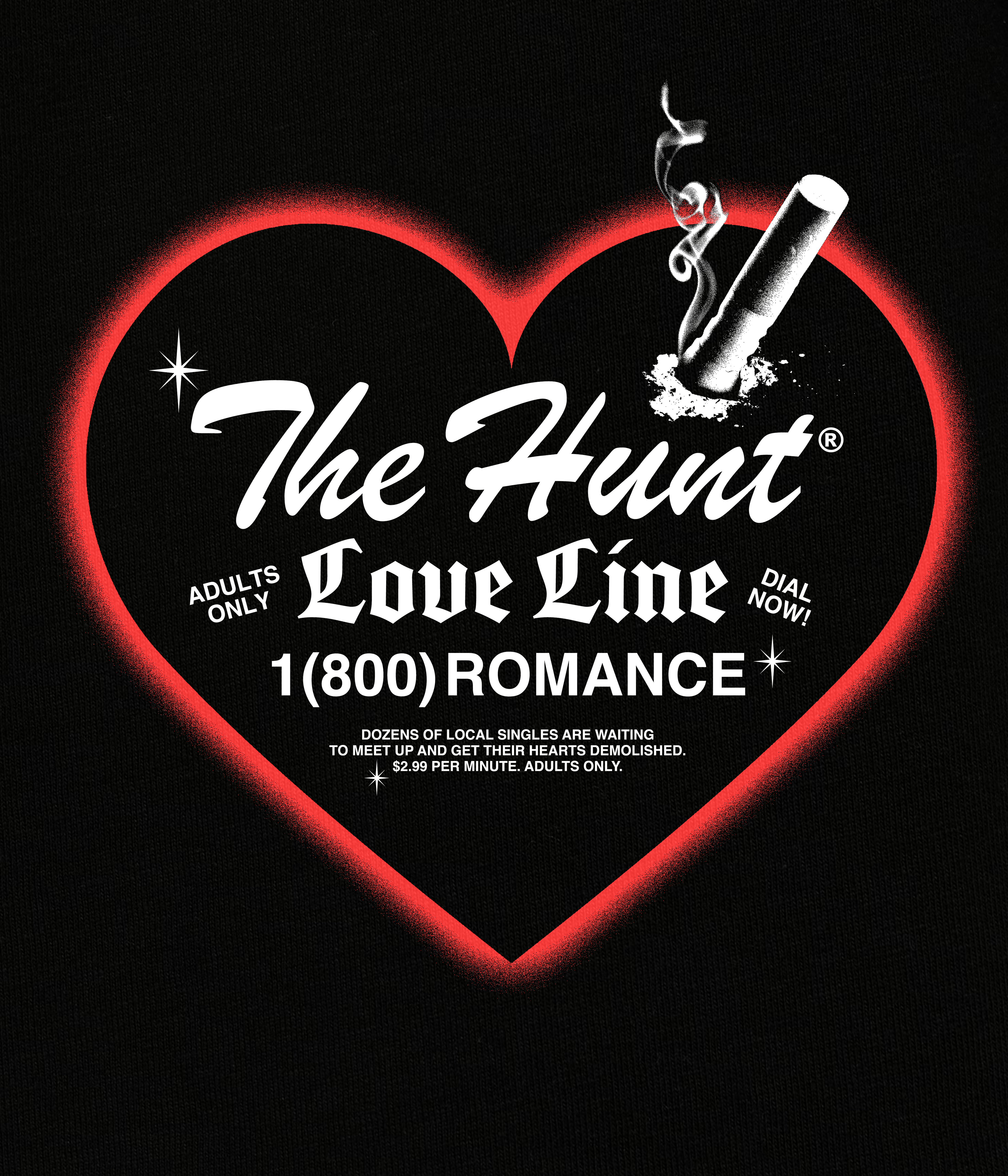 Advertisement for 'The Hunt Love Line' with a red heart and smoking object on a black background.