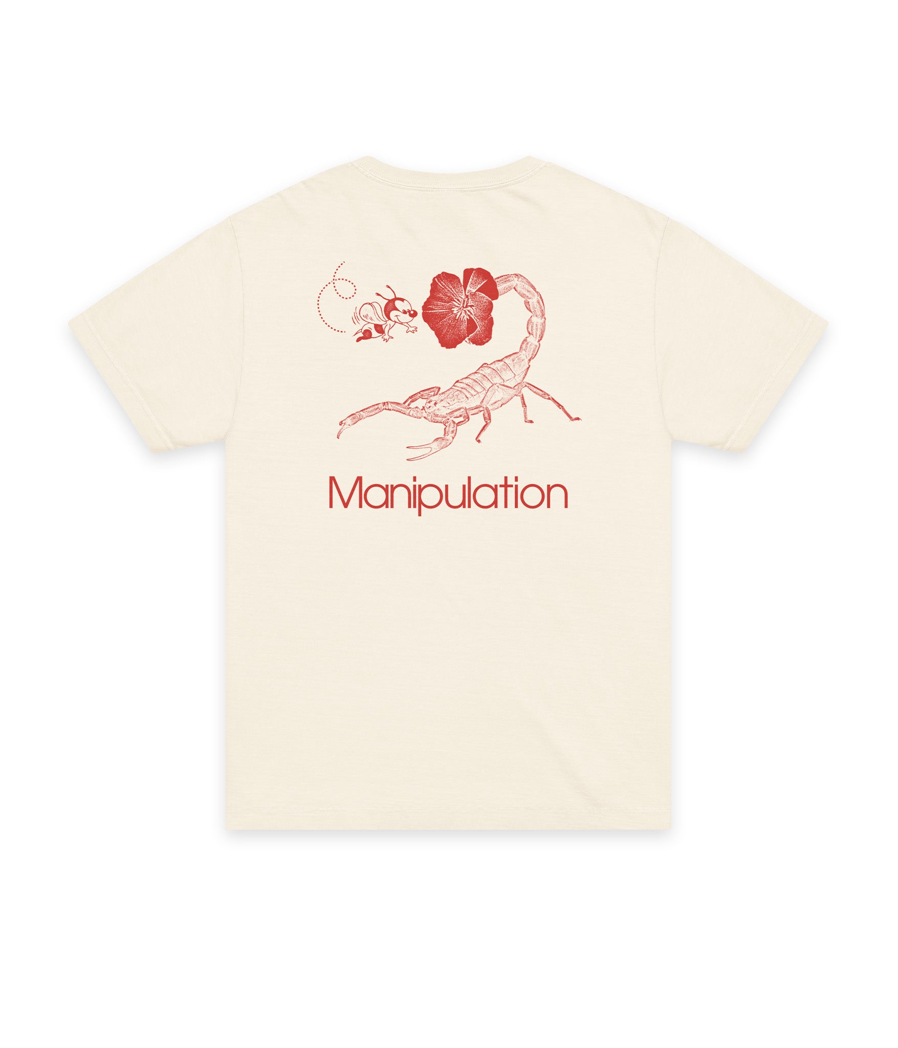 Beige t-shirt with red graphic design and text 'Manipulation' on a white background