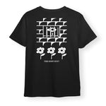 Black t-shirt with white geometric design and floral elements on a white background