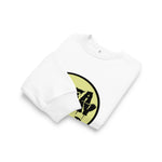 White t-shirt with a black and yellow shark fin design on a white background